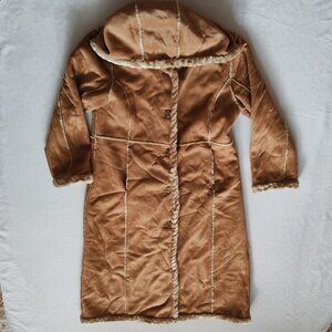 ANNE KLEIN Vintage Y2K FAUX SHEARLING FUR COAT LONG Jacket Hood Full Length L